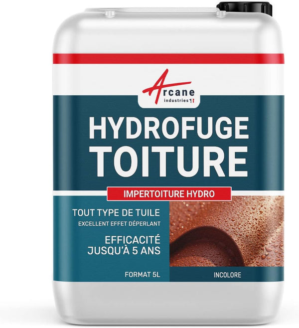 Hydrofuge Toiture Incolore, Tuiles, Béton, Pierre 5 L (jusqu'à 25 m²) | Imperméabilise, Traitement Hydrofuge, Protège des Taches, Toitures, Béton, Pierre et Supports Poreux - Arcane Industries