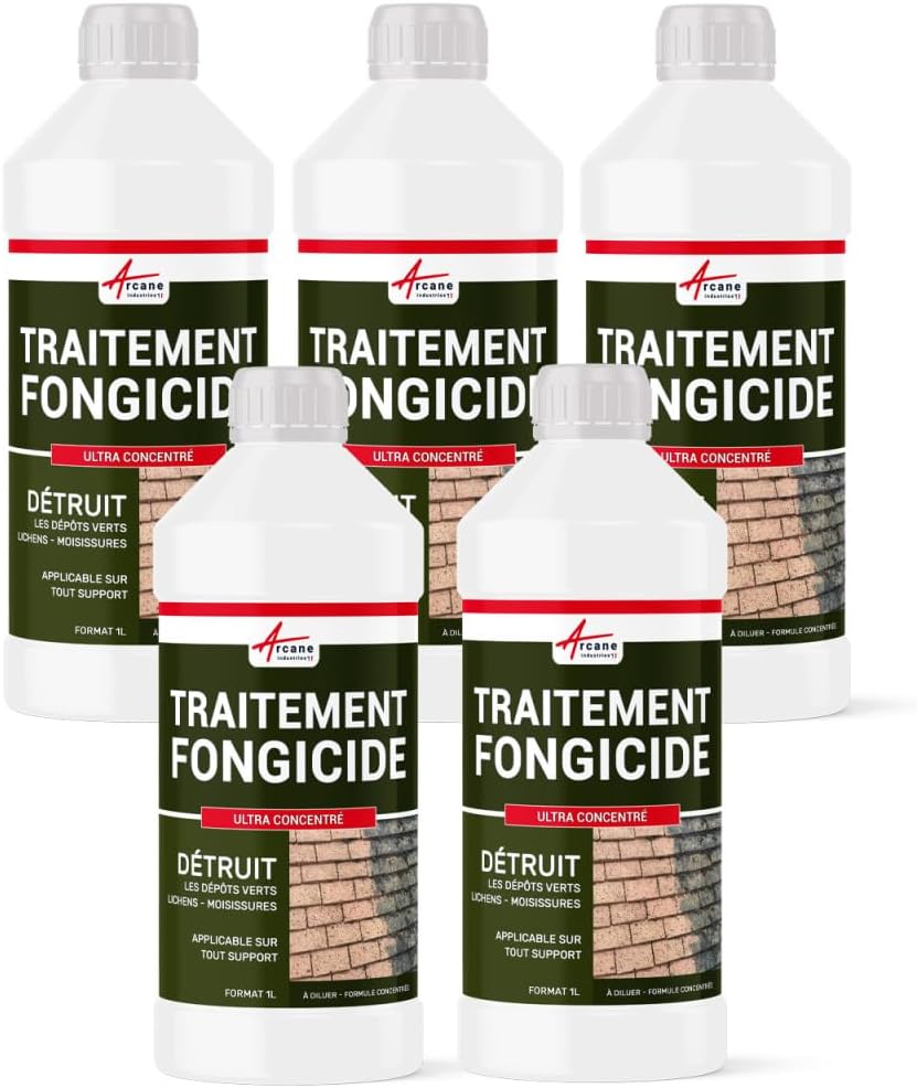 Anti Mousse Ultra Concentré Toiture Mur Façade Terrasse 5 L (5 x 1L) | Détruit Dépôts Verts, Lichens, Algues et Moisissures, Curatif et Préventif, Tous Supports Extérieurs - Arcane Industries